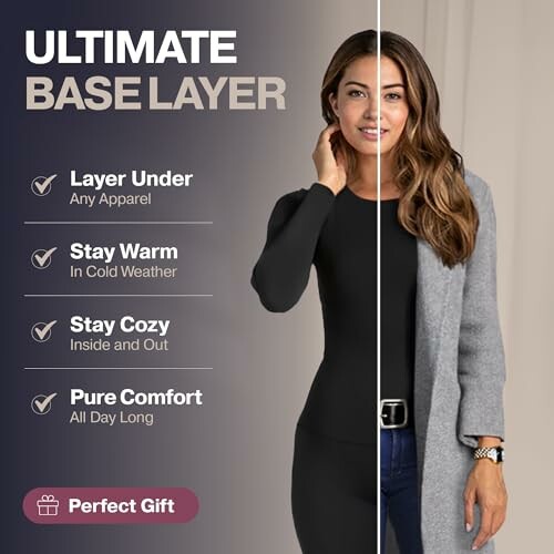 Ad for ultimate base layer showing woman wearing warm clothing.
