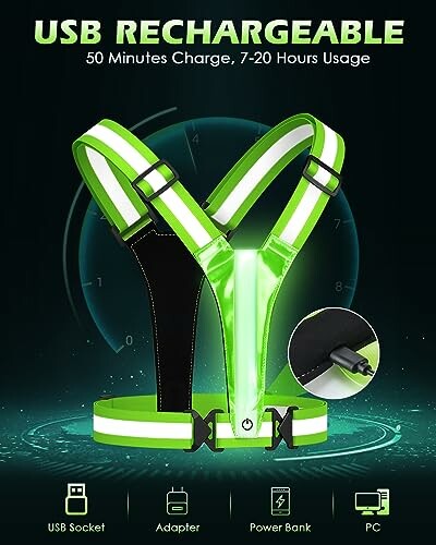USB rechargeable reflective vest with 50 minutes charge for 7-20 hours usage.