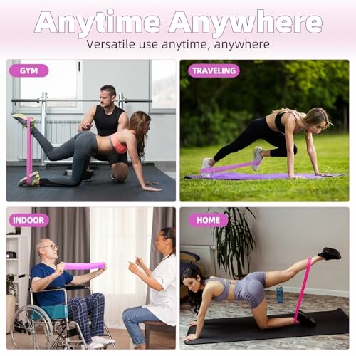 Collage of exercise band uses: gym, traveling, indoor, home.