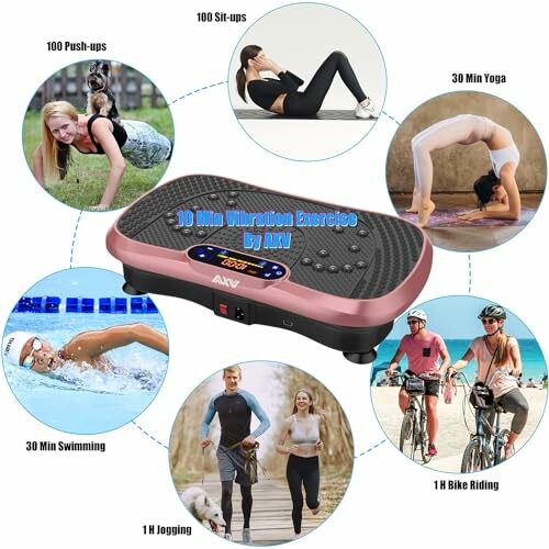 Vibration exercise machine with diverse workout routines including push-ups, sit-ups, yoga, swimming, jogging, and bike riding.