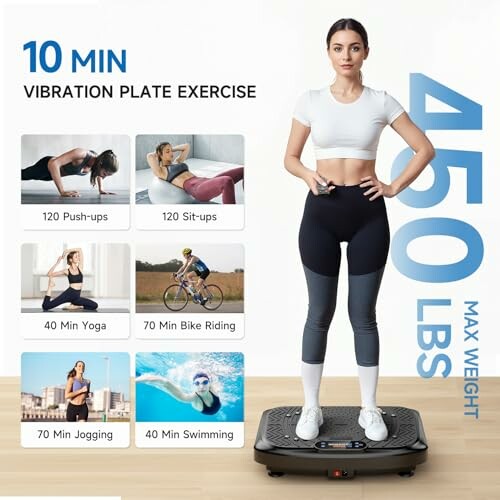 Woman on vibration plate with exercise options and max weight details.