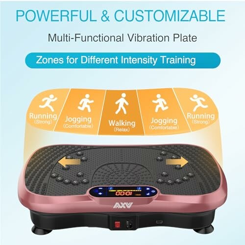 Multi-functional vibration plate with intensity zones for running, jogging, and walking.