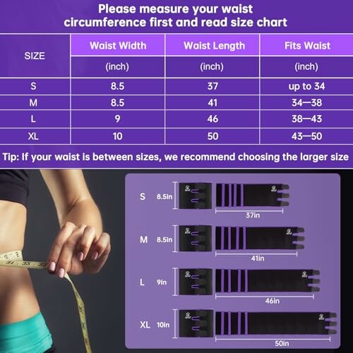 Waist trainer size chart with measurements and fitting guide.