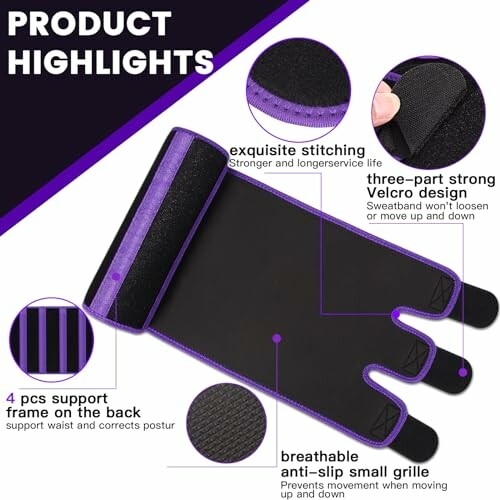 Waist trimmer belt with features like exquisite stitching, strong Velcro design, 4 pcs support frame, and breathable anti-slip grille.