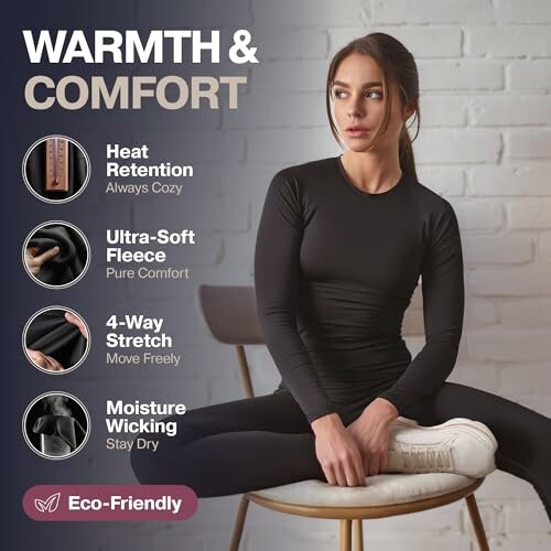 Woman in black clothing highlighting features like heat retention and eco-friendliness.