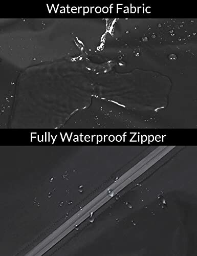 Waterproof fabric with water droplets and fully waterproof zipper.