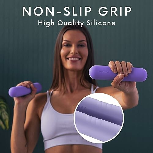 Woman holding purple silicone dumbbells with non-slip grip.
