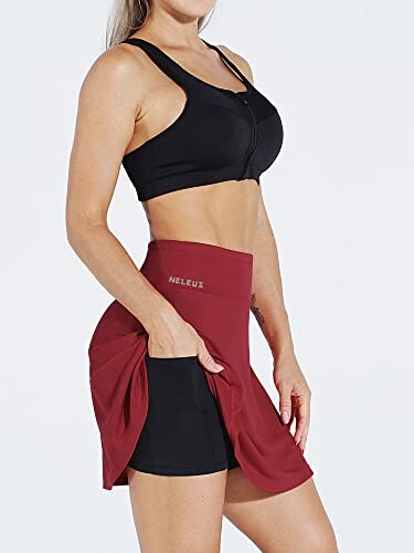 Woman in sportswear with red skirt and black top