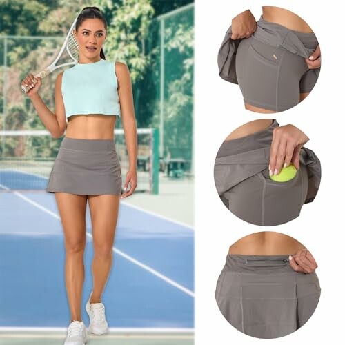 Woman in tennis outfit showing functional skirt design with pockets.