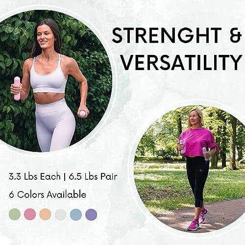Two women exercising outdoors with hand weights in a fitness promotion.