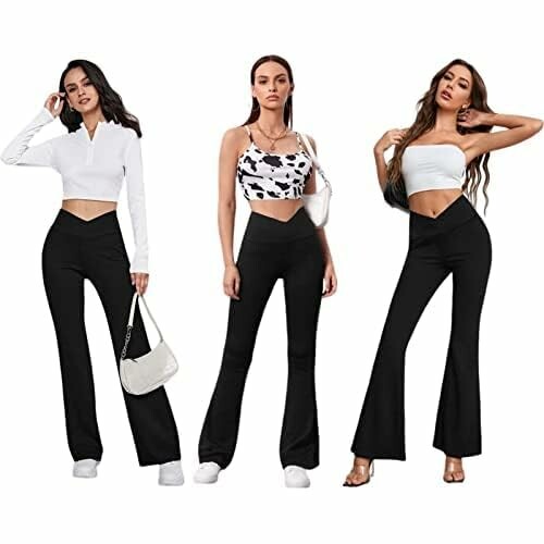 Three women wearing black flared pants and crop tops.