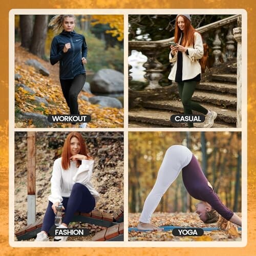 Four images showing women in workout, casual, fashion, and yoga outfits during fall.