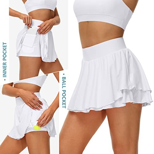 Woman wearing a white tennis skirt with inner and ball pockets.