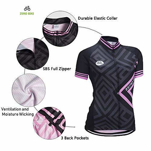 Women's black and pink cycling jersey with features highlighted.