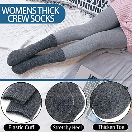 Woman wearing grey crew socks with elastic cuff, stretchy heel, and thicken toe.