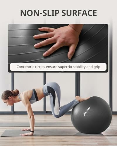 Person exercising on a stability ball with non-slip surface.