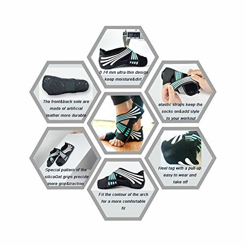 Hexagonal layout showcasing features of yoga socks with grip and elastic straps.